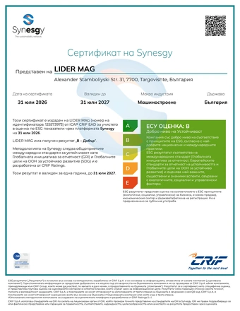 Synesgy ESG — оценка B — Добро ниво на устойчивост (GRI, ESRS, SDG)
