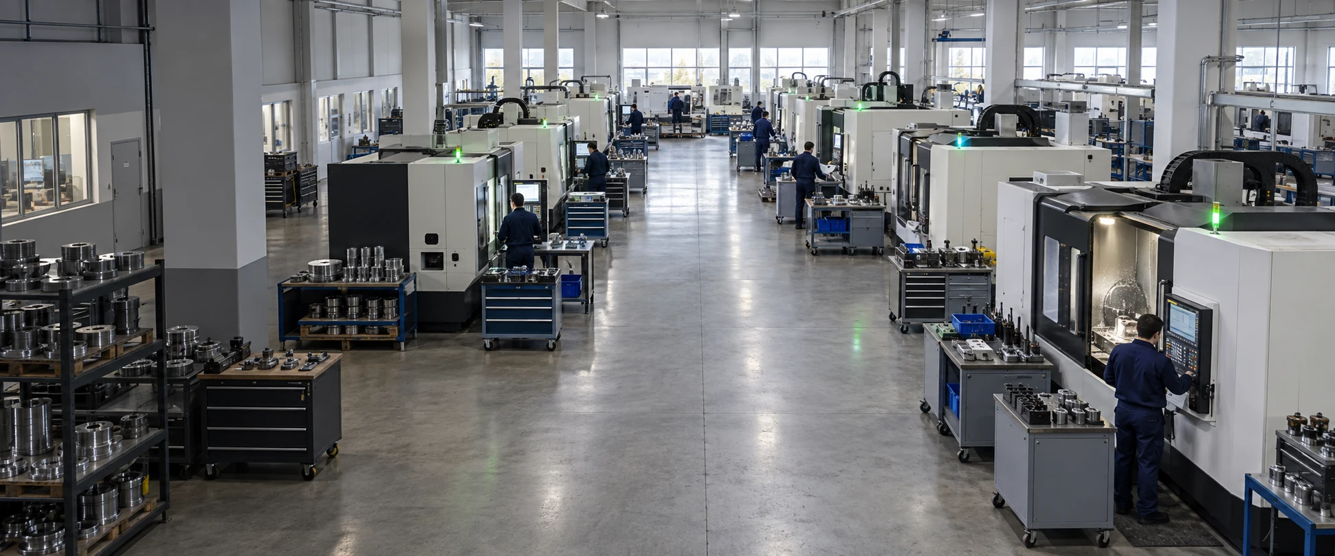 Илюстрация на съвременна производствена зала с CNC машини