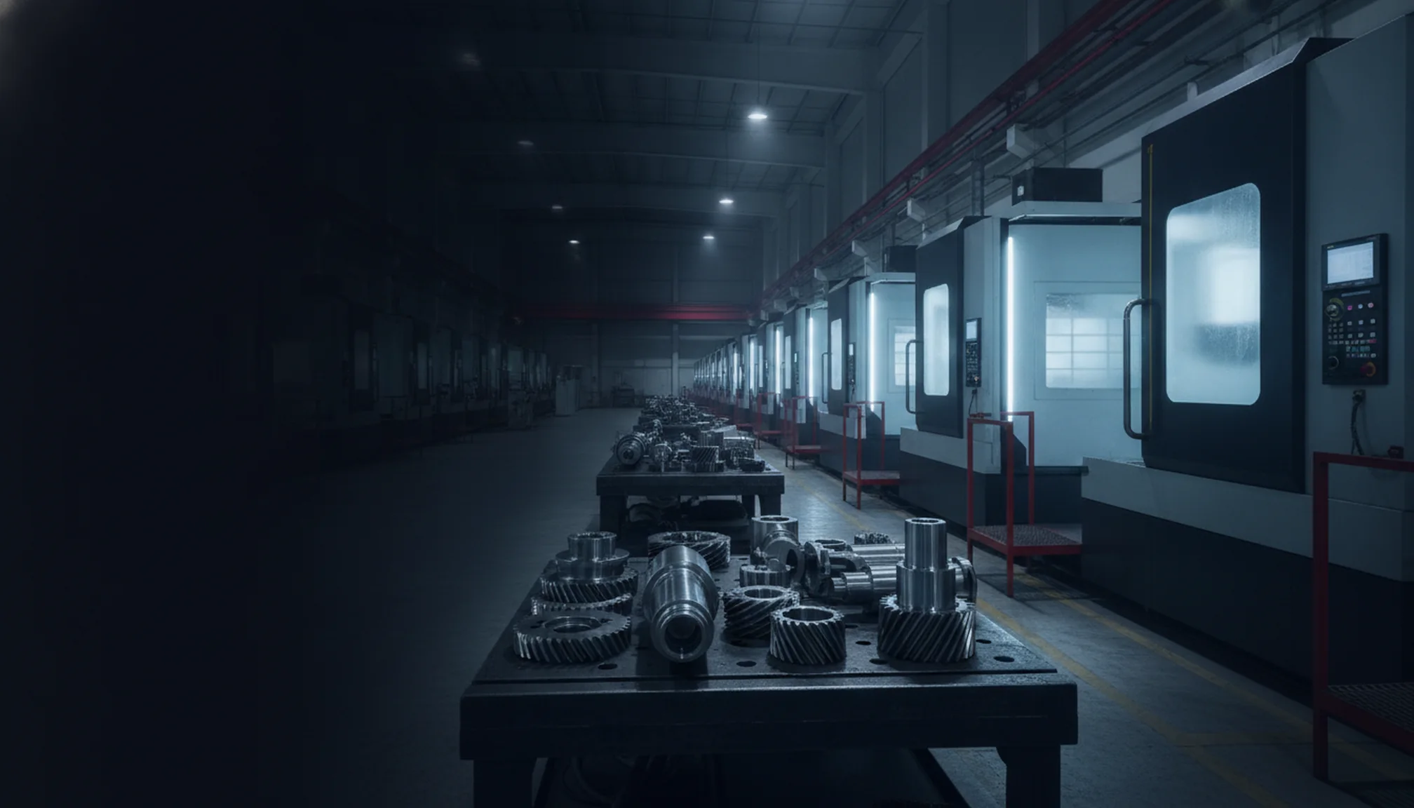 Reparto produttivo con macchine CNC e pezzi lavorati